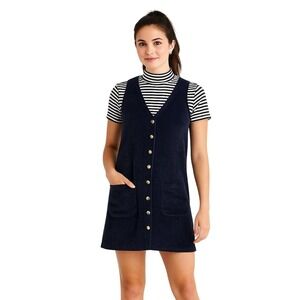 CROSSROADS‎ 90s Wide-Wale Corduroy Button Front Mini Dress S Navy Academia